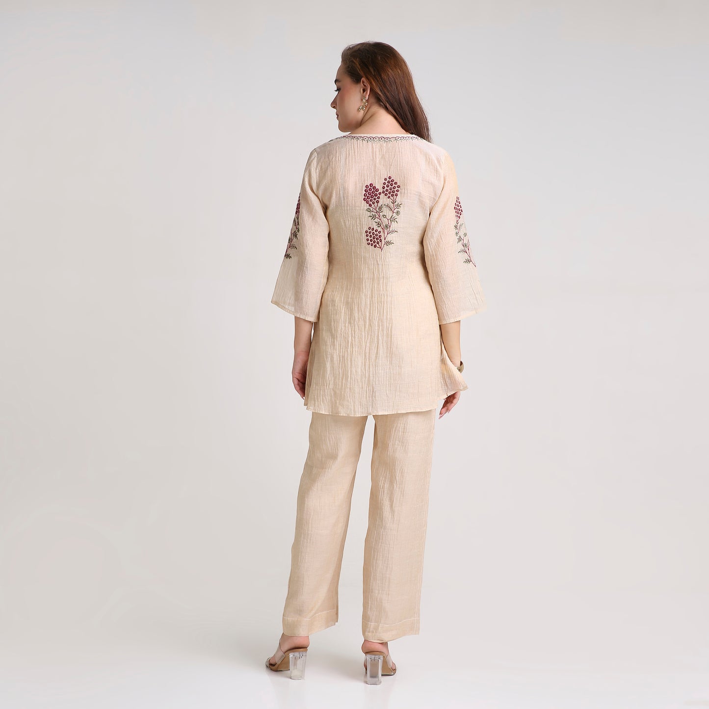 Chikankari Angarkha Co ord in Gold Pure Silk tissue with Green and Maroon embroidery
