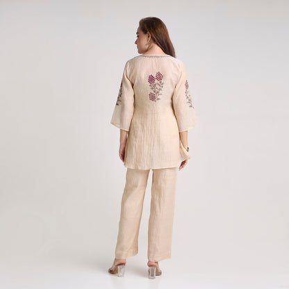 Chikankari Angarkha Co ord in Gold Pure Silk tissue with Green and Maroon embroidery