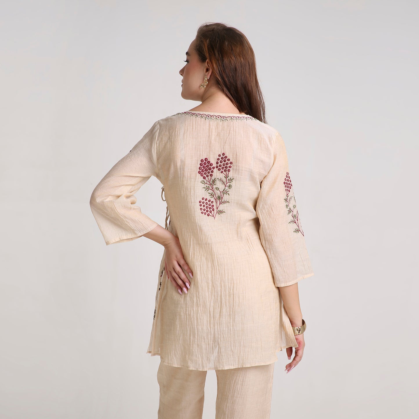 Chikankari Angarkha Co ord in Gold Pure Silk tissue with Green and Maroon embroidery