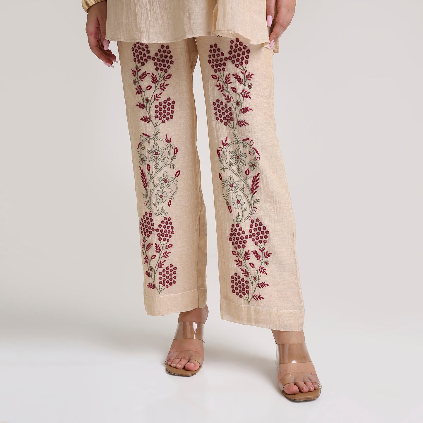 Chikankari Angarkha Co ord in Gold Pure Silk tissue with Green and Maroon embroidery