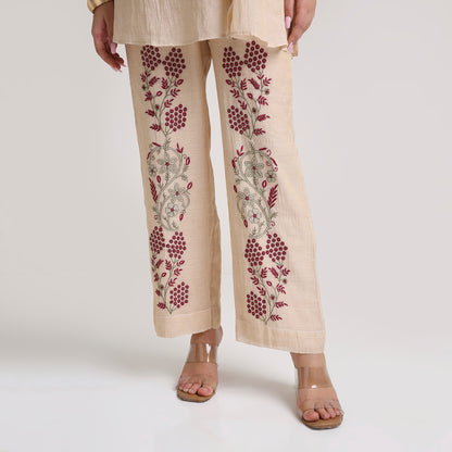 Chikankari Angarkha Co ord in Gold Pure Silk tissue with Green and Maroon embroidery