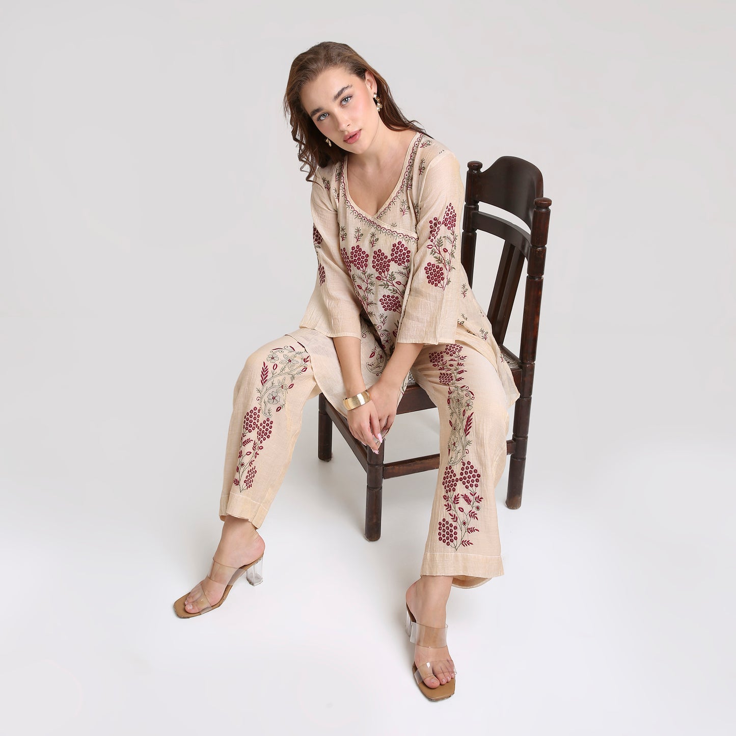 Chikankari Angarkha Co ord in Gold Pure Silk tissue with Green and Maroon embroidery