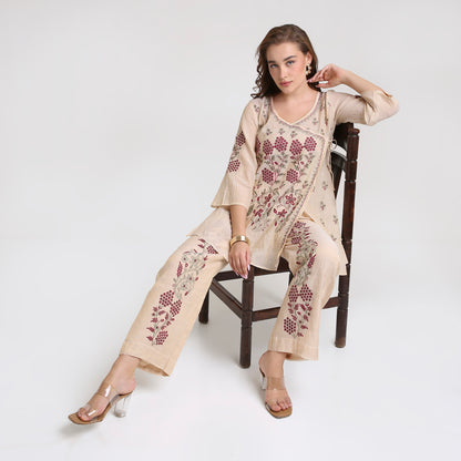 Chikankari Angarkha Co ord in Gold Pure Silk tissue with Green and Maroon embroidery