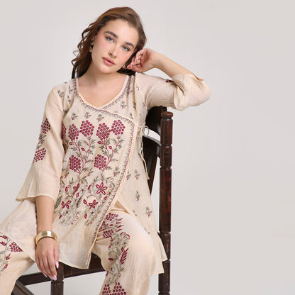 Chikankari Angarkha Co ord in Gold Pure Silk tissue with Green and Maroon embroidery