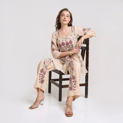 Chikankari Angarkha Co ord in Gold Pure Silk tissue with Green and Maroon embroidery