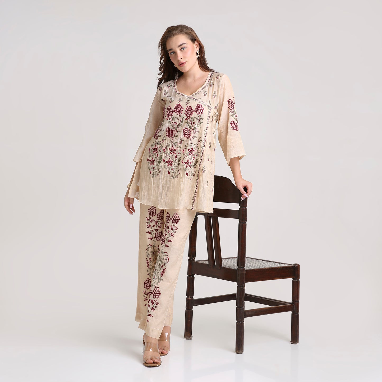 Chikankari Angarkha Co ord in Gold Pure Silk tissue with Green and Maroon embroidery