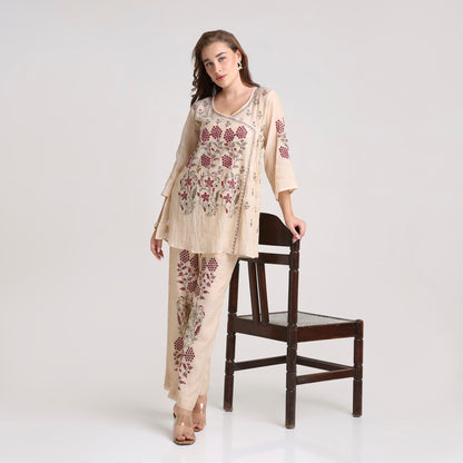 Chikankari Angarkha Co ord in Gold Pure Silk tissue with Green and Maroon embroidery