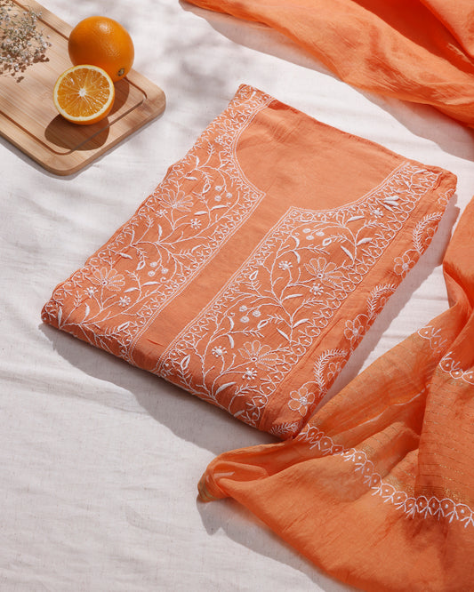 Fresh Malta Orange Lucknowi Chikankari Handwork 2-Piece Mul Chanderi Salwar Suit