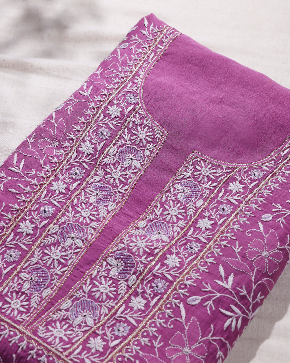 Orchid Pink Silky Mul Chanderi Chikankari Kurta Dupatta Edit with Ivory Zardozi & Kardana Detailing