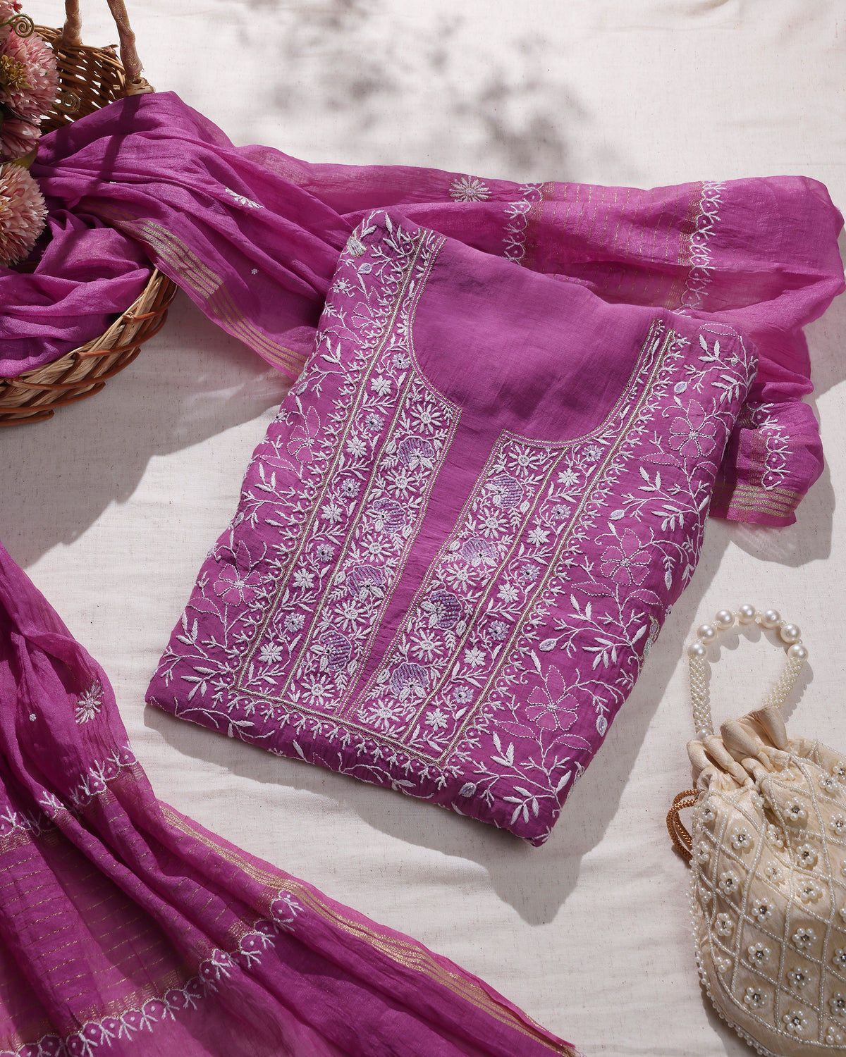 Orchid Pink Silky Mul Chanderi Chikankari Kurta Dupatta Edit with Ivory Zardozi & Kardana Detailing