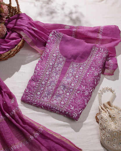 Orchid Pink Silky Mul Chanderi Chikankari Kurta Dupatta Edit with Ivory Zardozi & Kardana Detailing