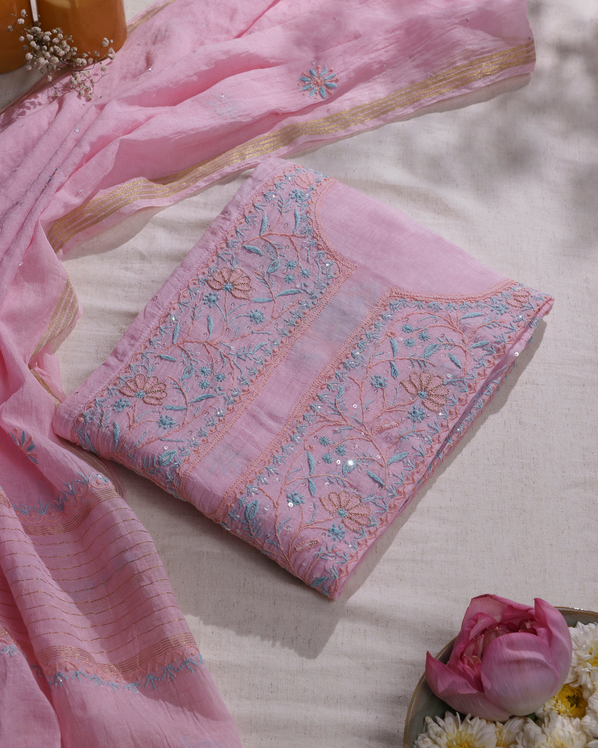 Gulabi Pink Mul Chanderi Chikankari Kurta Dupatta with Aqua Blue Zardozi & Kardana Detailing