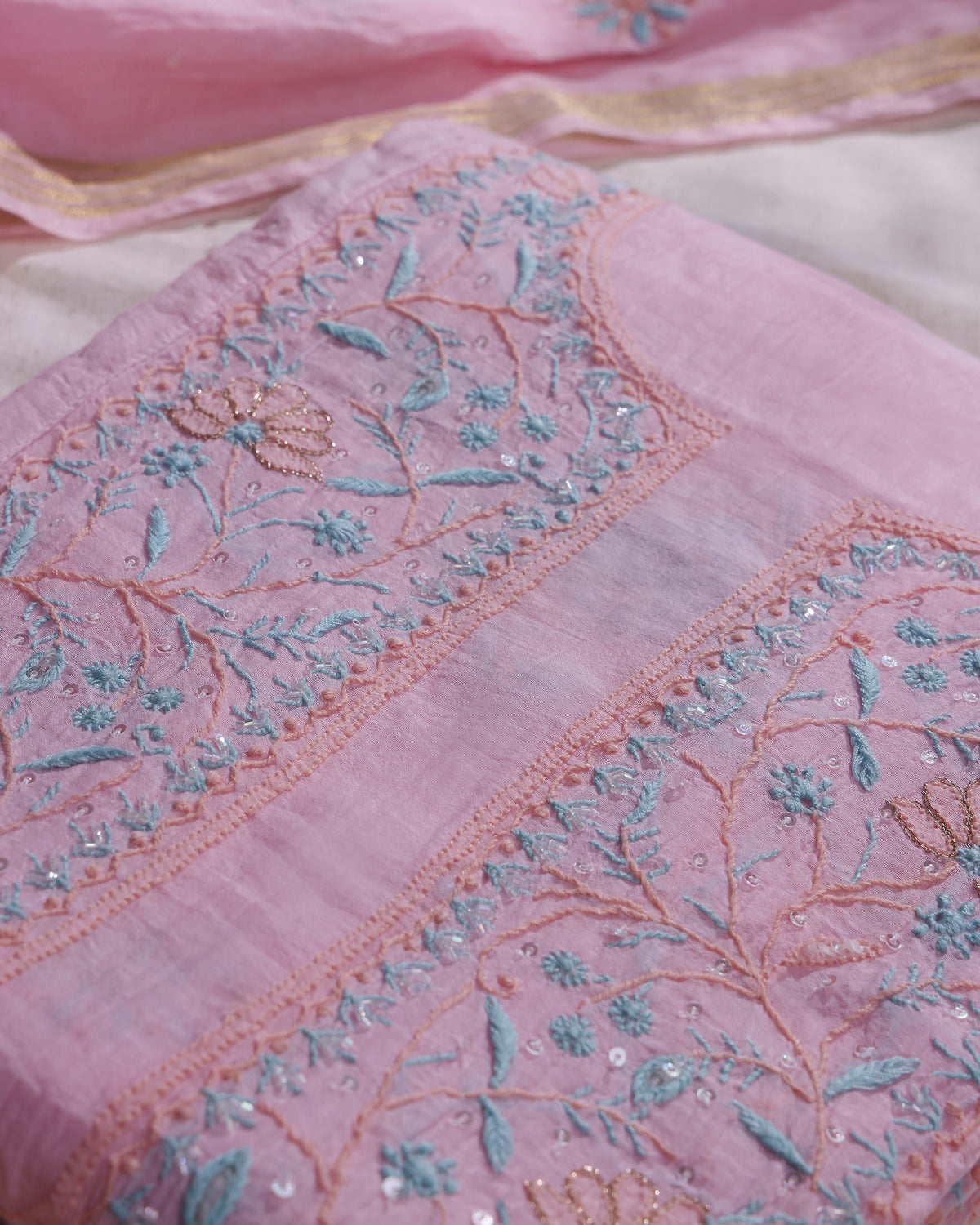 Gulabi Pink Mul Chanderi Chikankari Kurta Dupatta with Aqua Blue Zardozi & Kardana Detailing