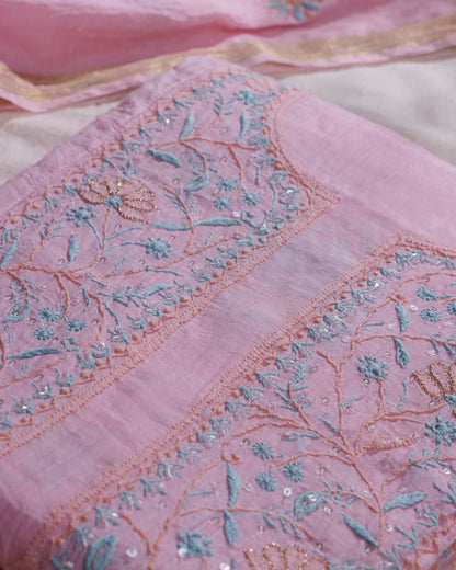 Gulabi Pink Mul Chanderi Chikankari Kurta Dupatta with Aqua Blue Zardozi & Kardana Detailing