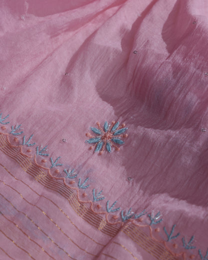 Gulabi Pink Mul Chanderi Chikankari Kurta Dupatta with Aqua Blue Zardozi & Kardana Detailing