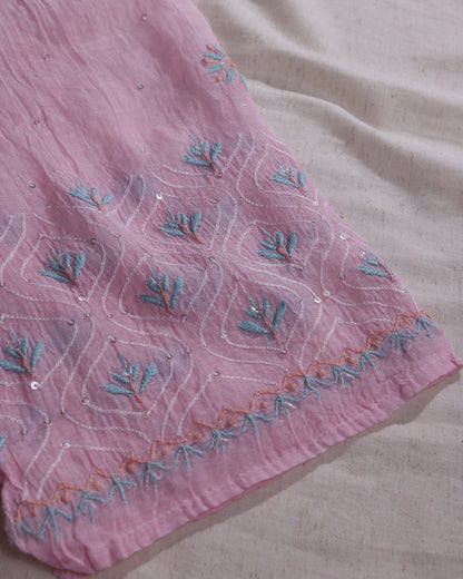 Gulabi Pink Mul Chanderi Chikankari Kurta Dupatta with Aqua Blue Zardozi & Kardana Detailing