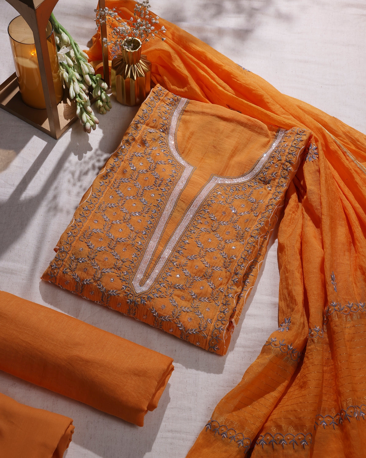 Marigold Orange Silky Mul Chanderi Chikankari 3- piece Kurta Dupatta with Blue Zardozi & Kardana Detailing
