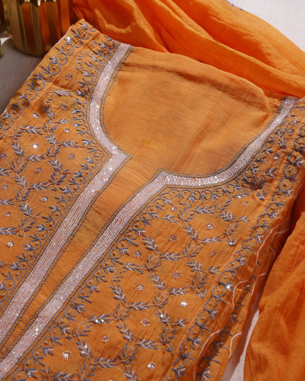 Marigold Orange Silky Mul Chanderi Chikankari 3- piece Kurta Dupatta with Blue Zardozi & Kardana Detailing