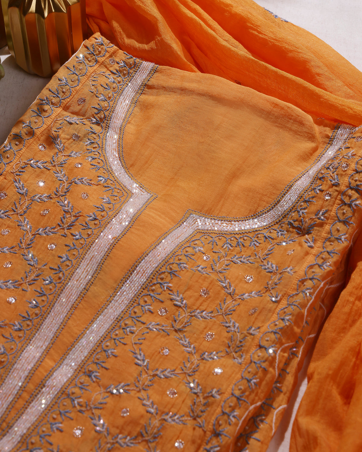 Marigold Orange Silky Mul Chanderi Chikankari 3- piece Kurta Dupatta with Blue Zardozi & Kardana Detailing