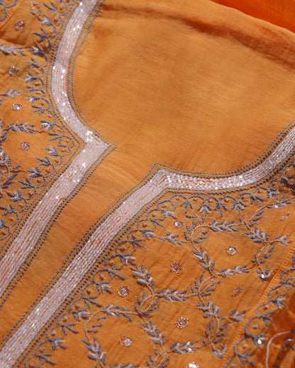 Marigold Orange Silky Mul Chanderi Chikankari 3- piece Kurta Dupatta with Blue Zardozi & Kardana Detailing