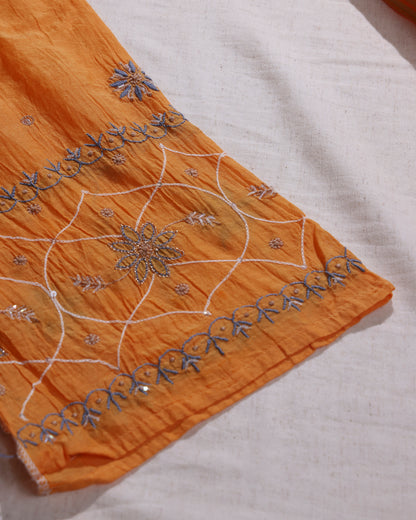 Marigold Orange Silky Mul Chanderi Chikankari 3- piece Kurta Dupatta with Blue Zardozi & Kardana Detailing