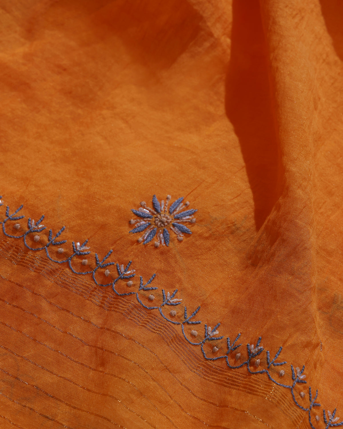 Marigold Orange Silky Mul Chanderi Chikankari 3- piece Kurta Dupatta with Blue Zardozi & Kardana Detailing