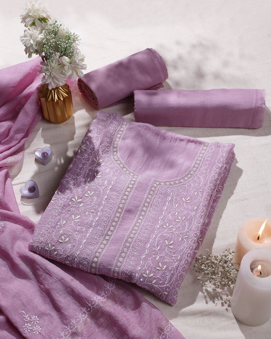 Lilac Silky Mul Chanderi Chikankari 3-Piece Kurta Dupatta Edit with Zardozi & Kardana
