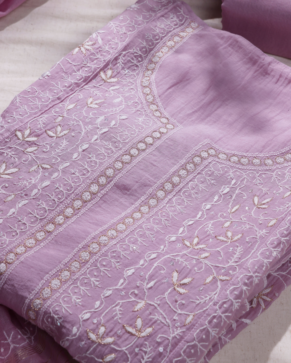 Lilac Silky Mul Chanderi Chikankari 3-Piece Kurta Dupatta Edit with Zardozi & Kardana