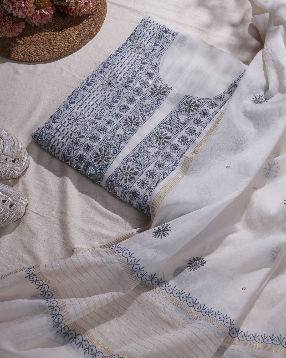 Ivory Blue Silky Mul Chanderi Chikankari Kurta Dupatta Edit with Zardozi & Kardana Detailing
