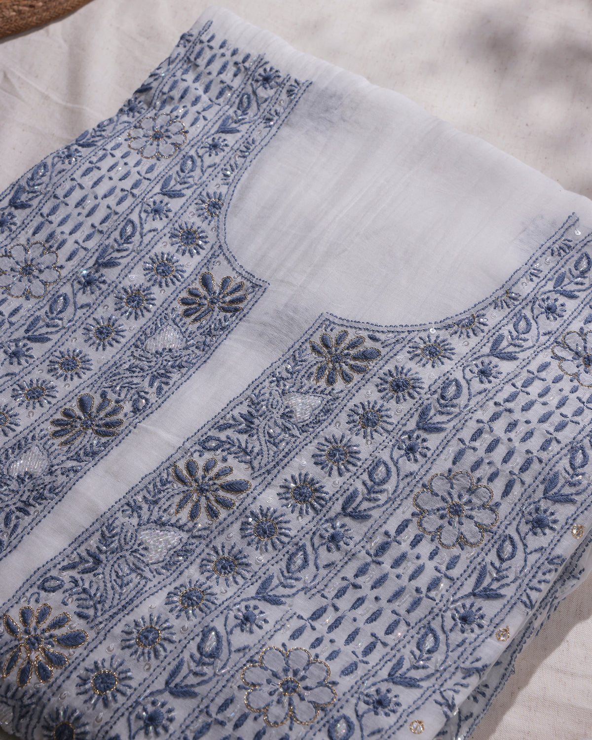 Ivory Blue Silky Mul Chanderi Chikankari Kurta Dupatta Edit with Zardozi & Kardana Detailing