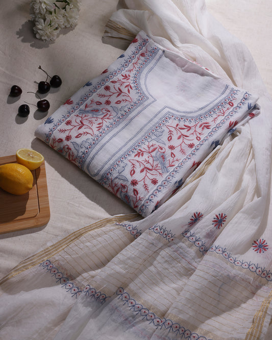 White with Coral Red and Dusty Blue Lucknowi Chikankari Handwork 2-Piece Mul Chanderi Salwar Suit