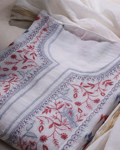White with Coral Red and Dusty Blue Lucknowi Chikankari Handwork 2-Piece Mul Chanderi Salwar Suit