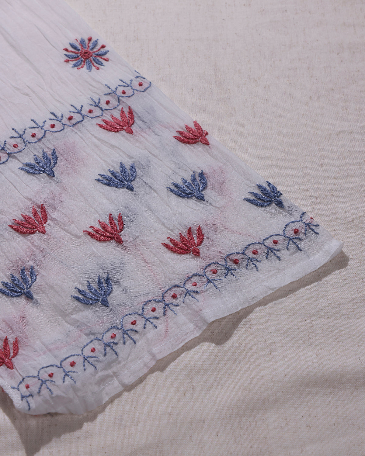White with Coral Red and Dusty Blue Lucknowi Chikankari Handwork 2-Piece Mul Chanderi Salwar Suit