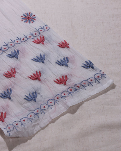 White with Coral Red and Dusty Blue Lucknowi Chikankari Handwork 2-Piece Mul Chanderi Salwar Suit