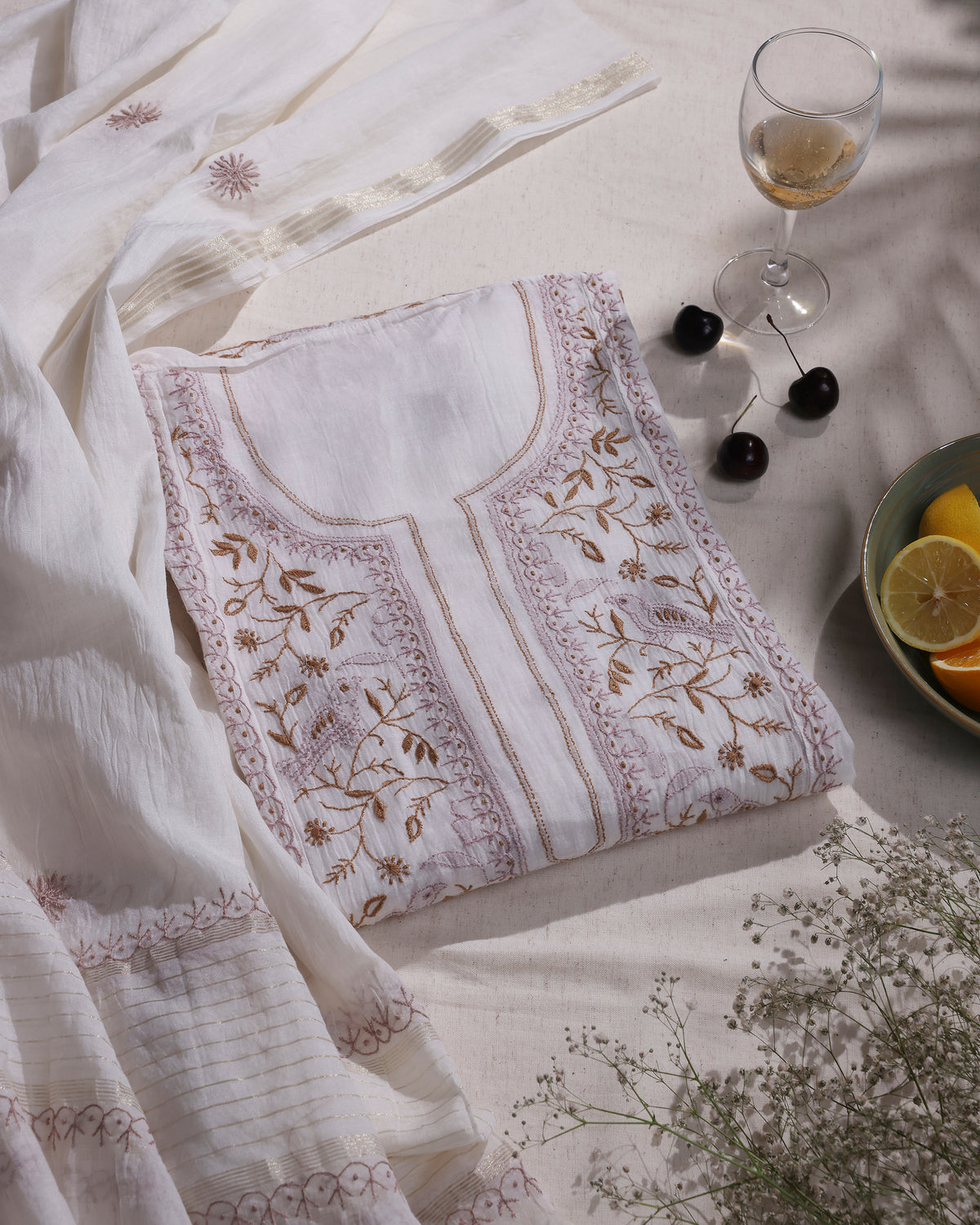 White with Rose Pink  and Caramel Brown Lucknowi Chikankari Handwork 2-Piece Mul Chanderi Salwar Suit