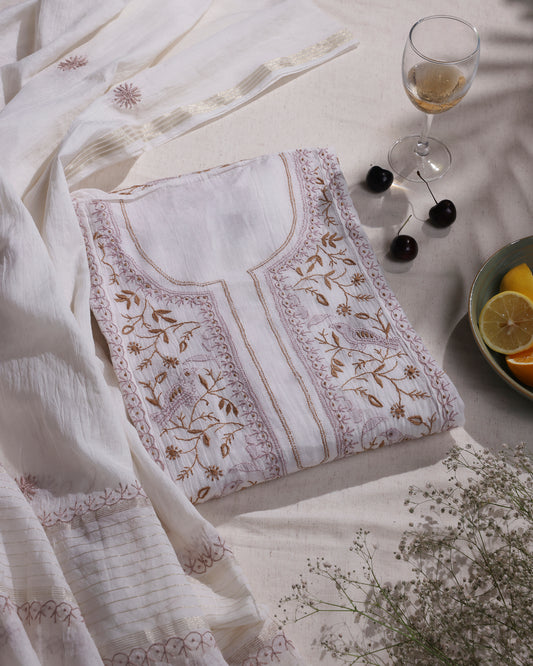 White with Rose Pink  and Caramel Brown Lucknowi Chikankari Handwork 2-Piece Mul Chanderi Salwar Suit