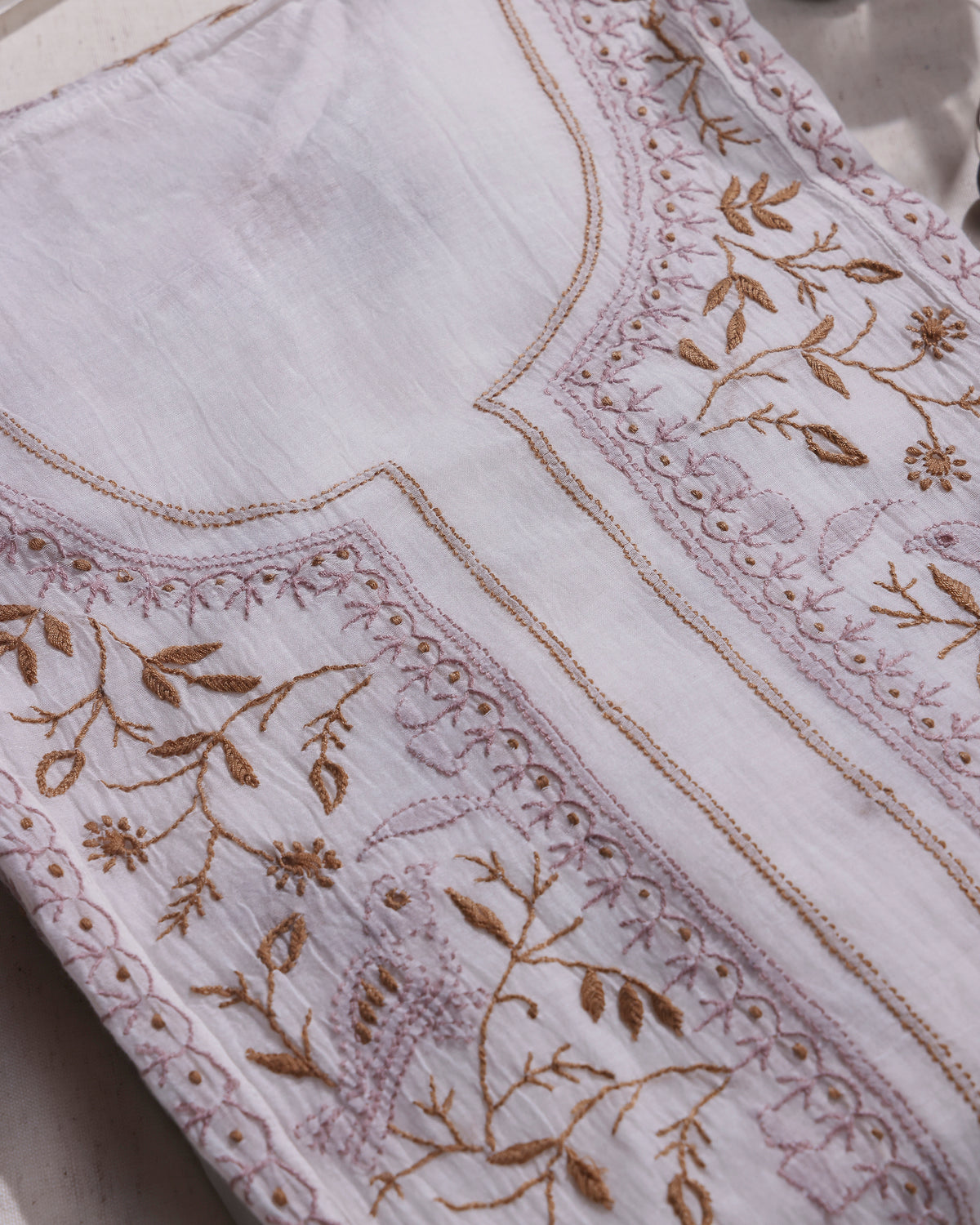 White with Rose Pink  and Caramel Brown Lucknowi Chikankari Handwork 2-Piece Mul Chanderi Salwar Suit