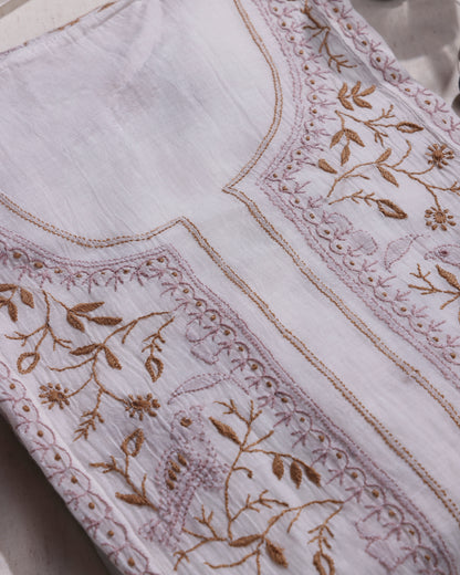 White with Rose Pink  and Caramel Brown Lucknowi Chikankari Handwork 2-Piece Mul Chanderi Salwar Suit