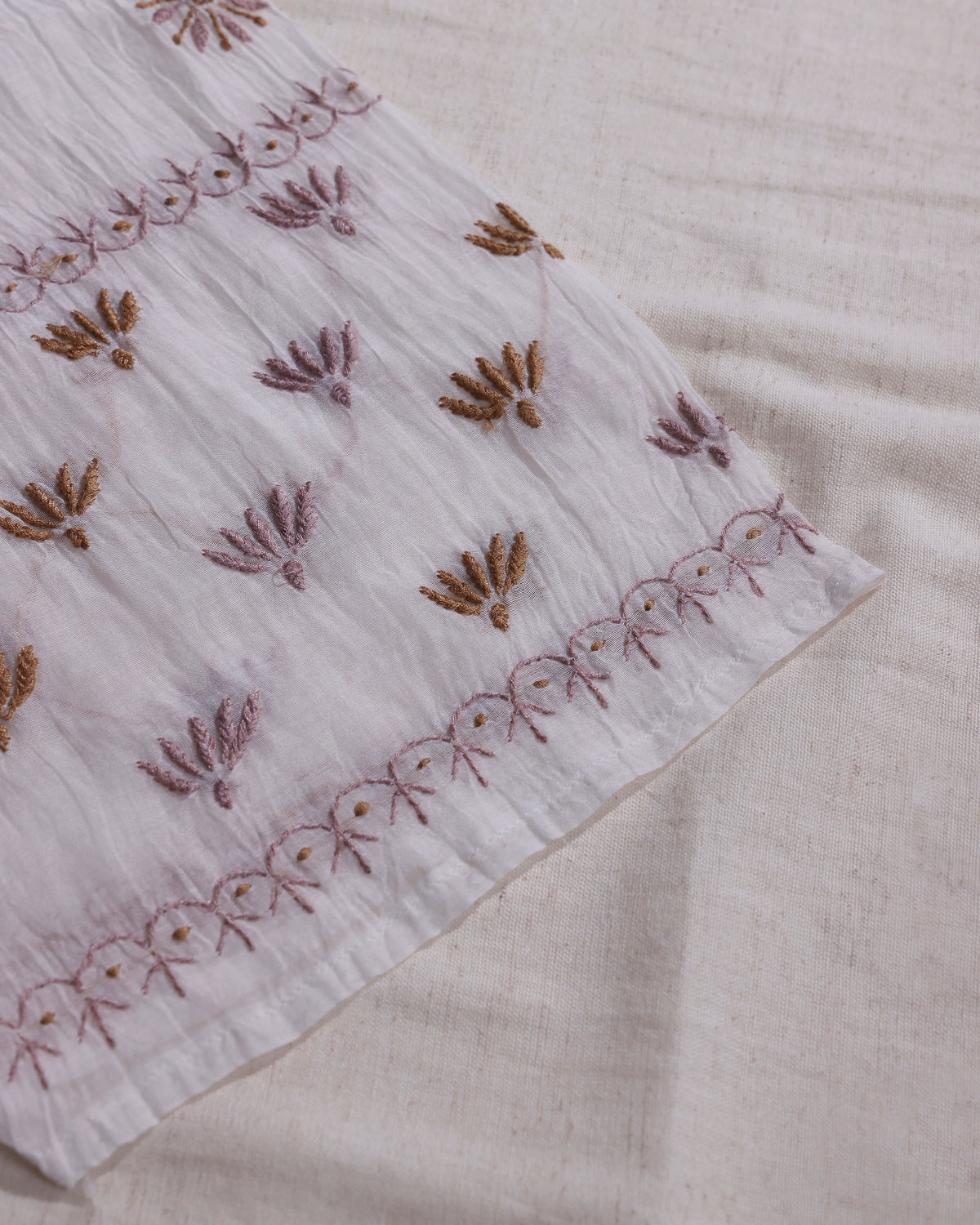 White with Rose Pink  and Caramel Brown Lucknowi Chikankari Handwork 2-Piece Mul Chanderi Salwar Suit
