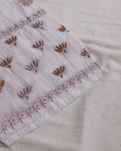 White with Rose Pink  and Caramel Brown Lucknowi Chikankari Handwork 2-Piece Mul Chanderi Salwar Suit
