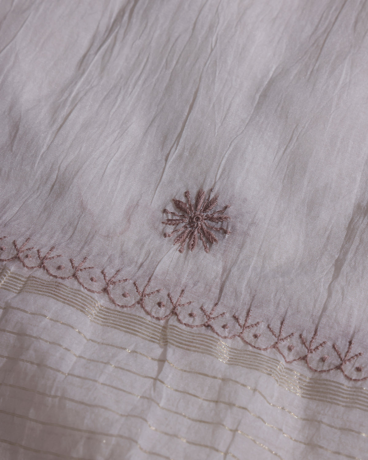 White with Rose Pink  and Caramel Brown Lucknowi Chikankari Handwork 2-Piece Mul Chanderi Salwar Suit
