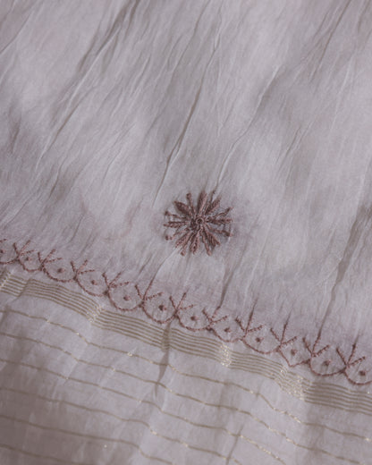 White with Rose Pink  and Caramel Brown Lucknowi Chikankari Handwork 2-Piece Mul Chanderi Salwar Suit