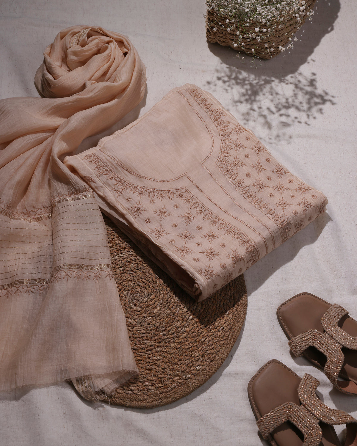 White with Rose Pink  and Caramel Brown Lucknowi Chikankari Handwork 2-Piece Mul Chanderi Salwar Suit