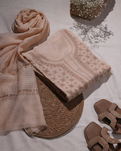 White with Rose Pink  and Caramel Brown Lucknowi Chikankari Handwork 2-Piece Mul Chanderi Salwar Suit