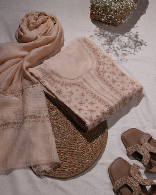 White with Rose Pink  and Caramel Brown Lucknowi Chikankari Handwork 2-Piece Mul Chanderi Salwar Suit