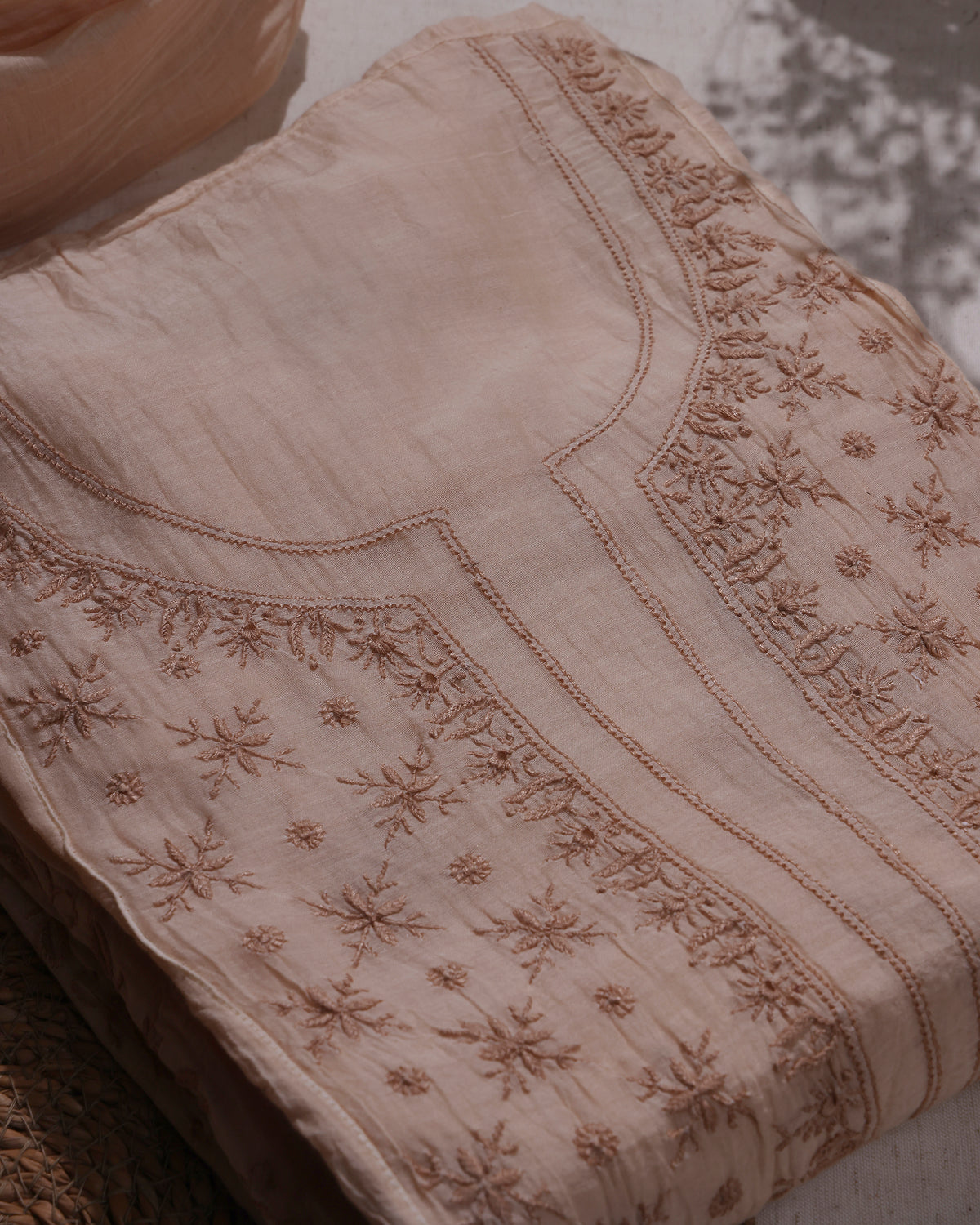 White with Rose Pink  and Caramel Brown Lucknowi Chikankari Handwork 2-Piece Mul Chanderi Salwar Suit