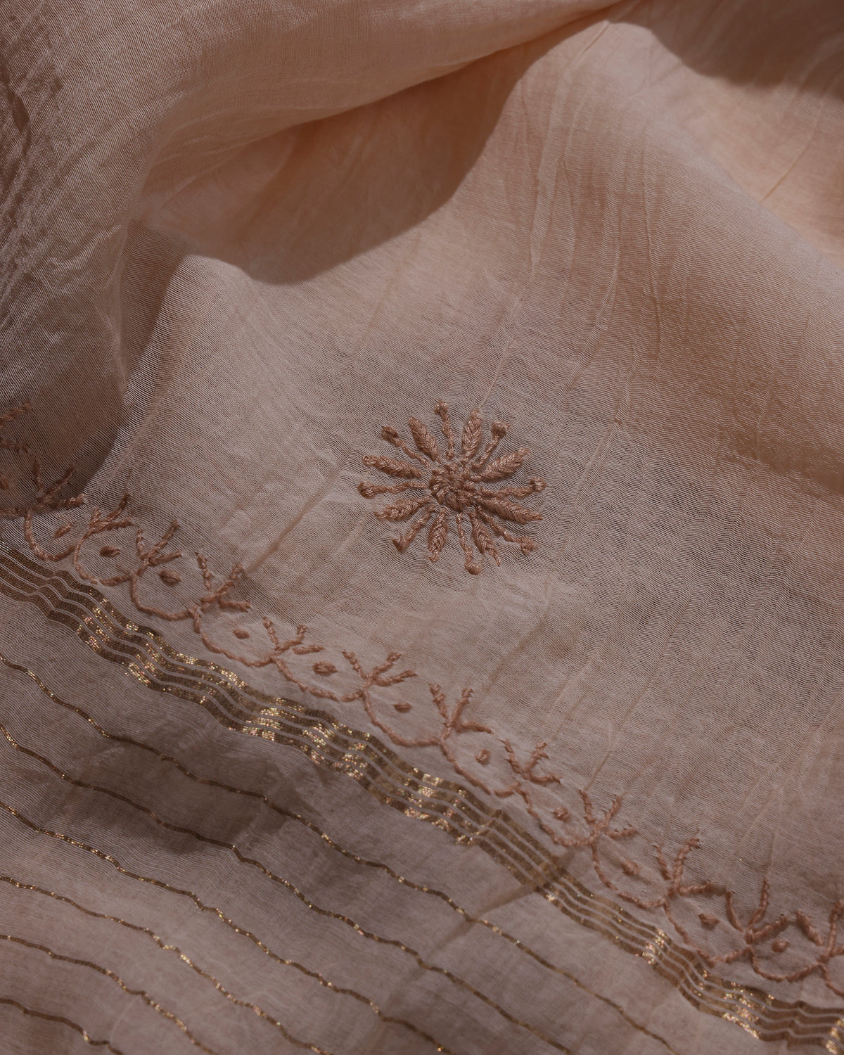 White with Rose Pink  and Caramel Brown Lucknowi Chikankari Handwork 2-Piece Mul Chanderi Salwar Suit