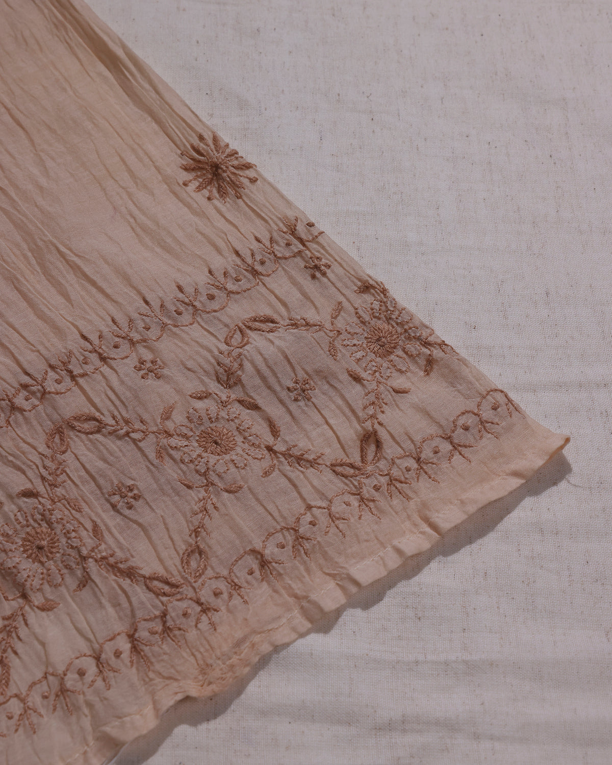 White with Rose Pink  and Caramel Brown Lucknowi Chikankari Handwork 2-Piece Mul Chanderi Salwar Suit