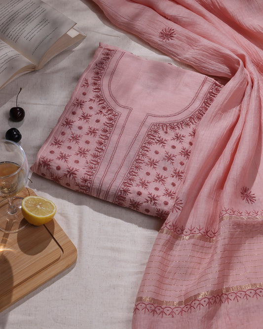 Camellia Pink and Rosewood Lucknowi Chikankari Handwork 2-Piece Mul Chanderi Salwar Suit