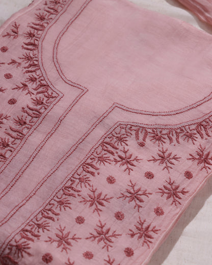 Camellia Pink and Rosewood Lucknowi Chikankari Handwork 2-Piece Mul Chanderi Salwar Suit